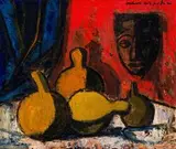 Maurice van Essche, Still Life with Calabashes and Mask, oil on board