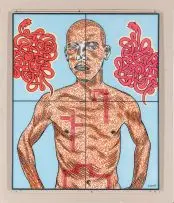 Conrad Botes, Cain and Abel, reverse glass painting, oil-based paint on glass
