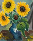 Sunflowers in Blue Vase by Maggie Laubser, oil on canvas laid down on board, offered Nov 2019