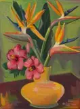 Vase of Strelitzias and Hibiscus Flowers by Maggie Laubser, oil on canvas laid down on board, sold Nov 2019