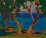 Trees at Lake with Boat by Maggie Laubser, oil on card, sold Nov 2019