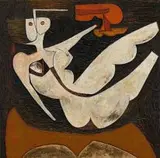 Cecil Skotnes, Abstact Nude, carved, incised and painted wood panel
