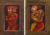Cecil Skotnes, Figures, two, incised and painted wood panel