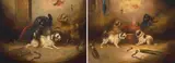 English School 19th century, Four Dogs with a Bone; Three Dogs with a Caged Rat, two, oil on canvas