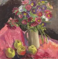 Freida Lock, Spring Flowers and Apples, oil on canvas