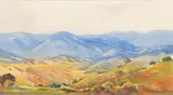 Walter Battiss, Extensive Landscape, Eastern Transvaal, watercolour on paper laid down on Japanese tissue paper