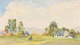 Walter Battiss, Landscape near the Hekpoort Road, watercolour on paper laid down on Japanese tissue paper