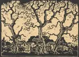 Gregoire Boonzaier, Town and Trees, linocut