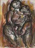 Frans Claerhout, Mother and Children, mixed media on paper
