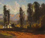 William Timlin, Cape Landscape with Trees and a Cottage, pastel on paper, laid down on cardboard