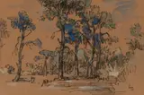 Gregoire Boonzaier, Fir Trees, Kenilworth, Cape, mixed media on paper