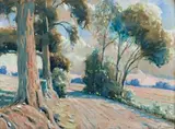 Sydney Carter, Country Road with Gum Trees, watercolour and gouache on card