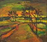 Kenneth Baker, Woman in the Road, oil on board