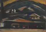 Karoo Landscape with Dwellings by Pranas Domšaitis, oil on cardboard, offered Sep 2019