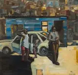 Peter Croxon, Township Scene, oil on board