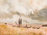 Christopher Tugwell, Landscape with Flock of Sheep, oil on board