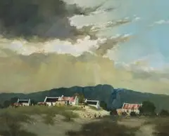 Mel Brigg, Village in Mountain Landscape, oil on canvas laid down on board