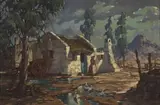 Nils Andersen, Cottage with Figure, oil on board