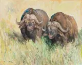 Two Buffalo by Zakkie Eloff, oil on canvas laid down on board, sold Sep 2019