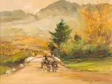 Donkey Cart in a Mountain Landscape by Christiaan Nice, oil on canvas laid down on board, offered Sep 2019