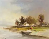 Rowing Boat at Water's Edge by Christiaan Nice, oil on canvas laid down on board, sold Sep 2019