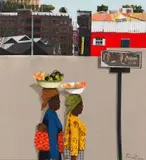Sam Nhlengethwa, Street Vendors, oil and collage on canvas