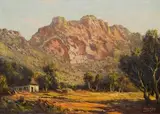 Tinus de Jongh, Farm Cottage and Mountains, oil on canvas