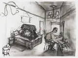 Hotel (Telephone and Man in Hotel Room, Drawing for Animation) by Deborah Bell and Robert Hodgins William Kentridge, charcoal, pastel, watercolour and collage on paper, sold Jun 2019