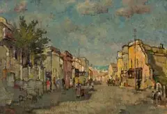 Gregoire Boonzaier, Tafelbaai vanaf Chiappini Straat, Slamsebuurt, oil on canvas