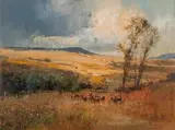Christopher Tugwell, Landscape with Goats, oil on canvas laid down on board