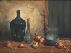 Diamond Bozas, Still Life with Bottles and Onions, oil on board