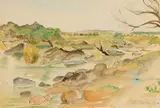 Landscape with River and Distant Bridge by Maud Sumner, watercolour on artist's board, sold Jun 2019