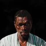 Lena Hugo, Man in a Striped Shirt, mixed media on board
