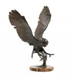 Arend Eloff, Barn Owl, bronze with brown patina on wooden base