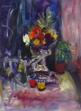 Gerhard Batha, Still Life with Fruit, Plant and Wine Glass on a Table, acrylic on canvas