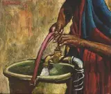 Willie Bester, Collecting Water, oil on board, in the artist's handmade metal frame