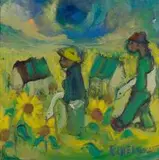 Men with Geese in Field of Sunflowers by Frans Claerhout, oil on board, offered Jul 2019