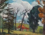 Plaashuis met Rooi Dak by Piet van Heerden, oil on board, offered Jul 2019