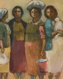 Four Women by Amos Langdown, oil on canvas laid down on board, offered Jul 2019