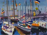 Gerhard Batha, Boats at Anchor (Dutch Flags), oil on canvas
