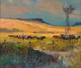 Cattle by a Windmill by Christopher Tugwell, oil on canvasboard, sold Jul 2019