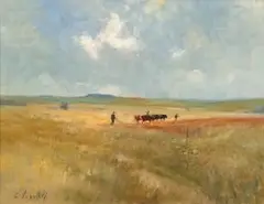 Herding Cattle by Christopher Tugwell, oil on canvas laid down on board, sold Jul 2019