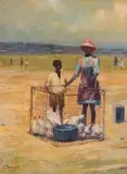 Christopher Tugwell, Children with Caged Chickens, oil on canvas laid down on board