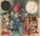 Louis Maqhubela, Abstract with Village and Bird