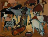 Nerine Desmond, Woman with Goats, oil on canvas laid down on board