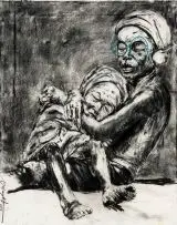 Nelson Makamo, Mother and Child, charcoal on paper