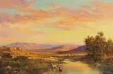 Gabriel de Jongh, Dawn Landscape with River and Sheep, oil on canvas