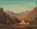 Tinus de Jongh, Cape Homestead with Mountains Beyond, oil on canvas