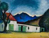 Farm Buildings by Pranas Domšaitis, oil on board, offered Jul 2019