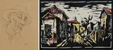 Gregoire Boonzaier, Fisherman, Bo-Kaap; Houses, two, ink on paper; hand-coloured linocut